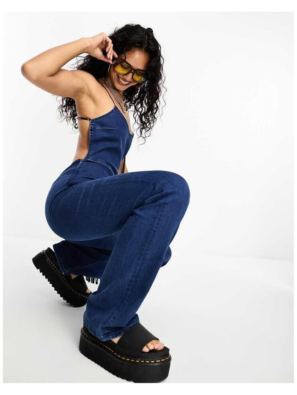 NEW BershkaWomen's Blue Denim Halterneck Jumpsuit Size S #788